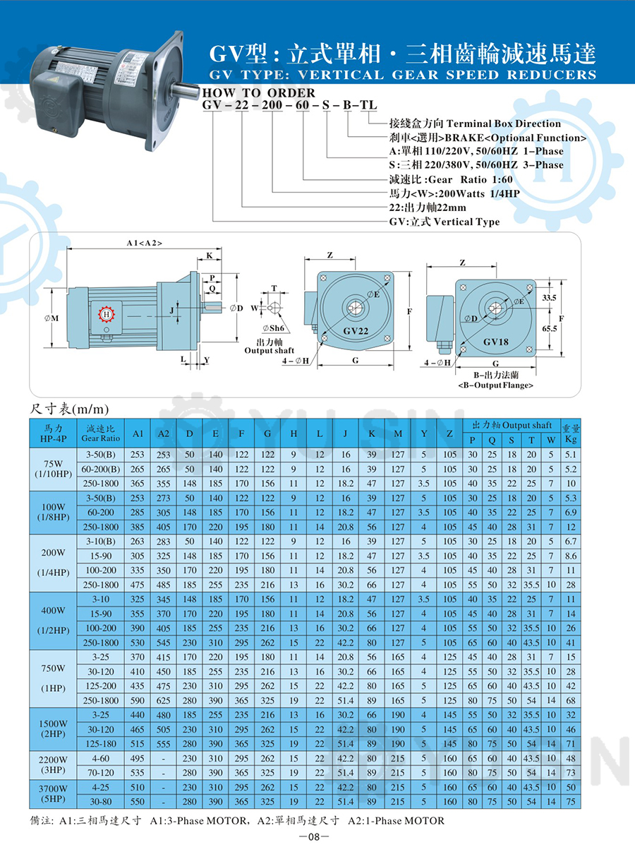 宇鑫单相/三相立式齿轮减速电机规格尺寸